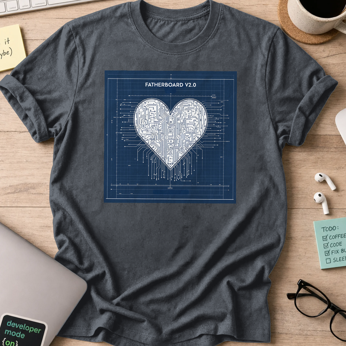 Dark Heather Grey programmer shirt printed with "fatherboard V2.0", a funny developer t-shirt and coding gift for software engineers and coders.