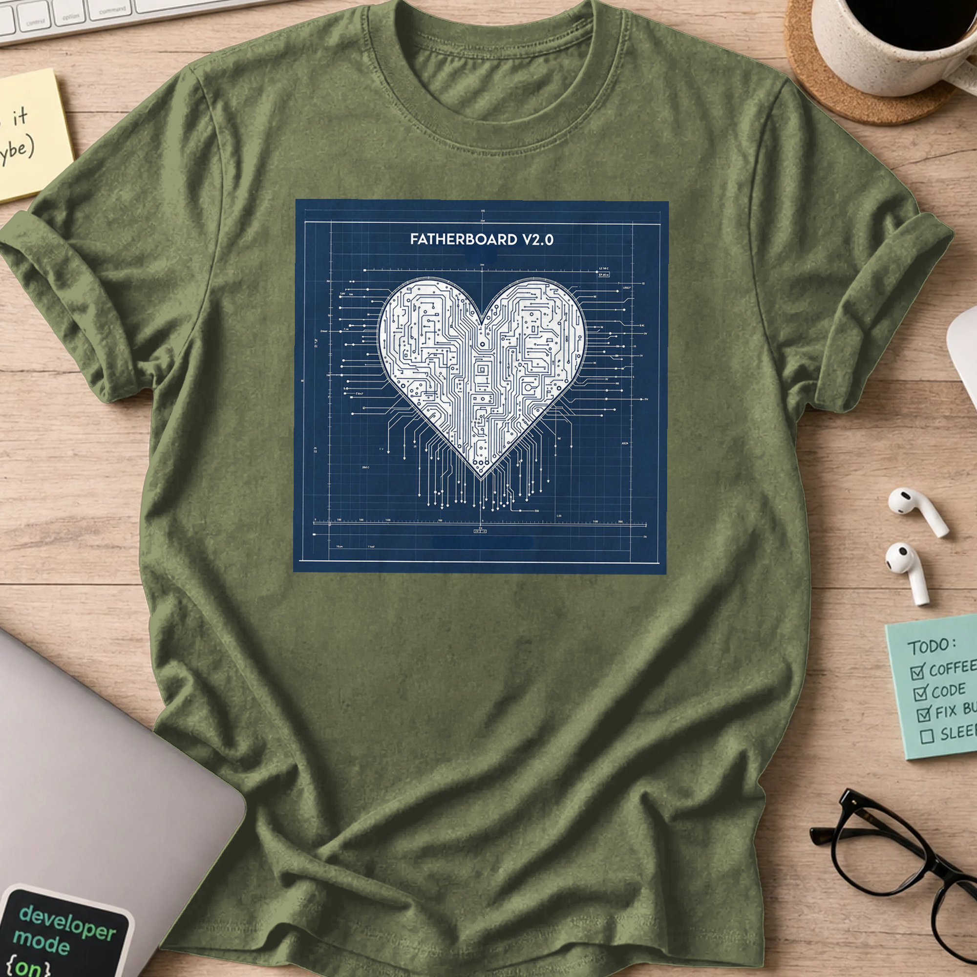 Military Green programmer shirt printed with "fatherboard V2.0", a funny developer t-shirt and coding gift for software engineers and coders.