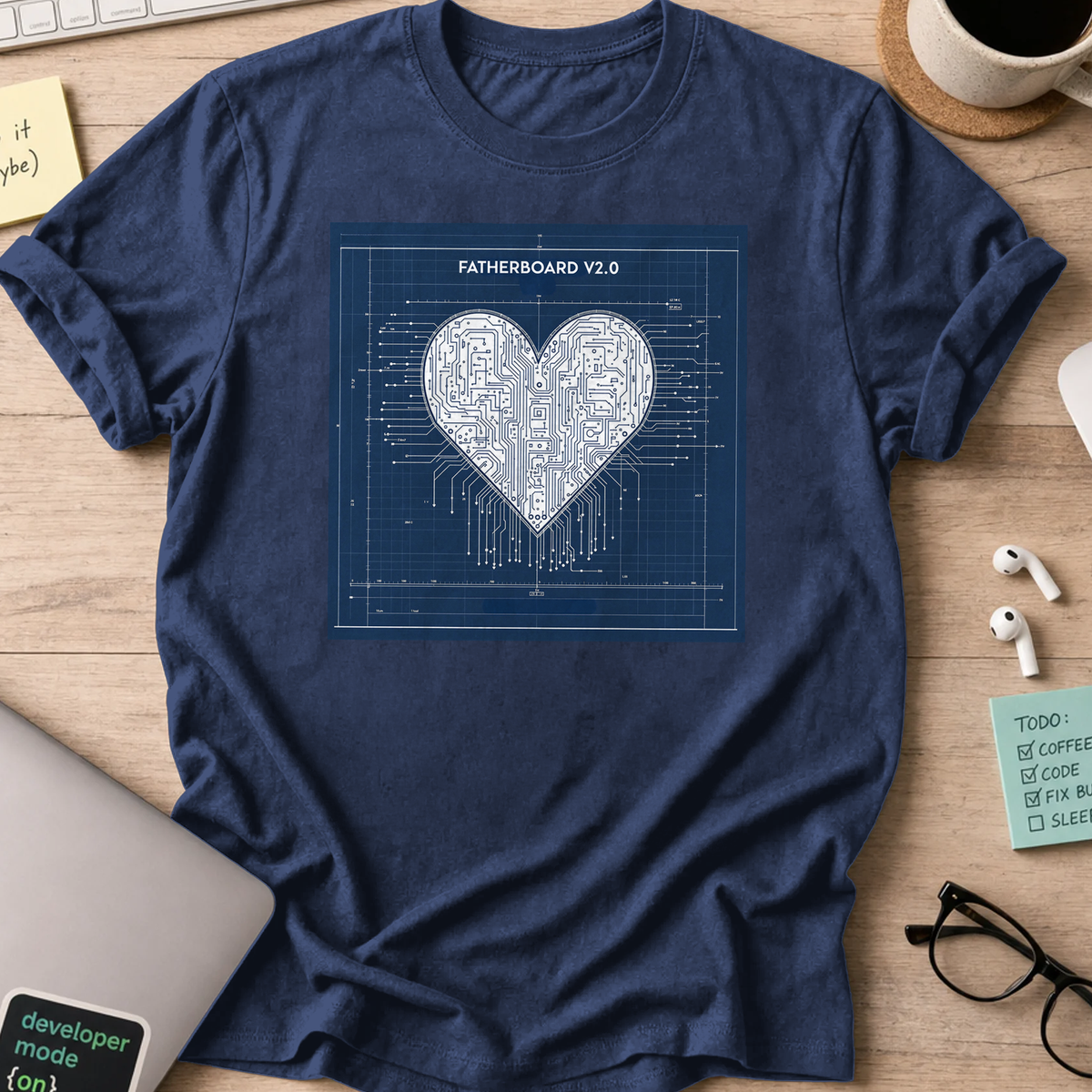 Navy programmer shirt printed with "fatherboard V2.0", a funny developer t-shirt and coding gift for software engineers and coders.