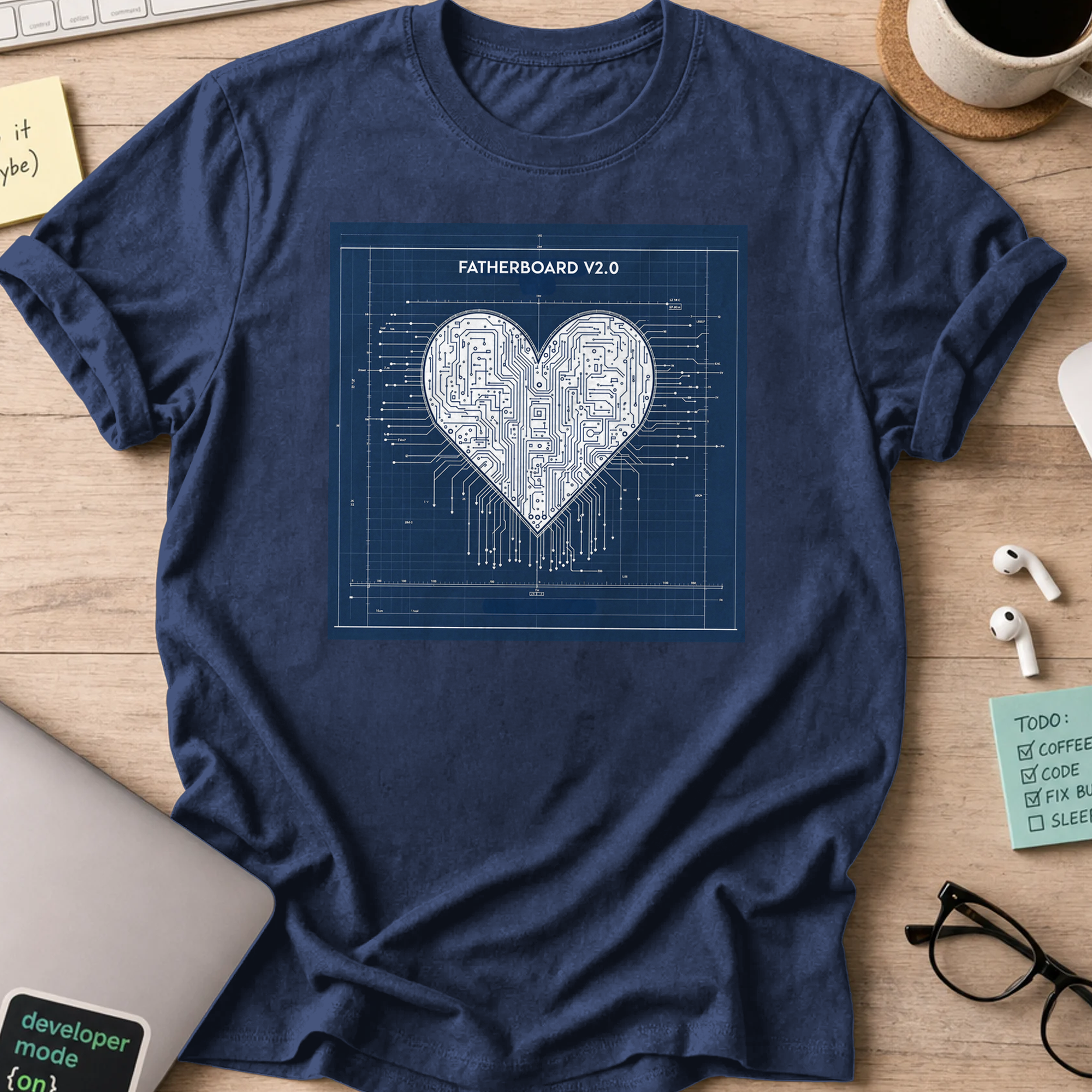 Navy programmer shirt printed with "fatherboard V2.0", a funny developer t-shirt and coding gift for software engineers and coders.