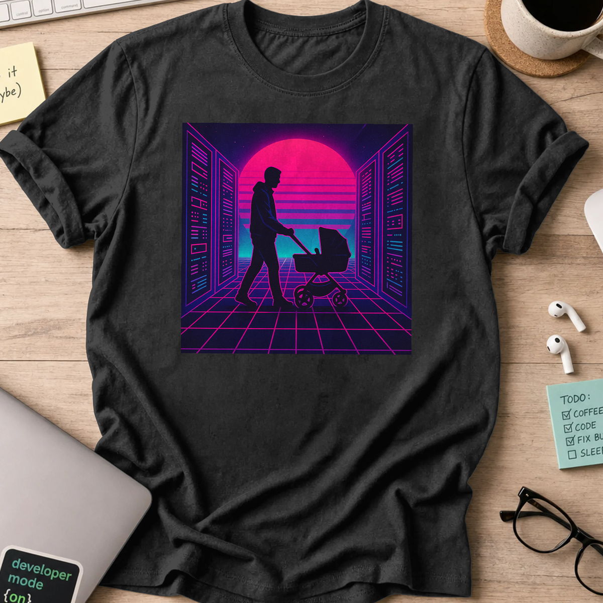 Black programmer shirt printed with "father tech nerd", a funny developer t-shirt and gift for the programmer dad in your life.