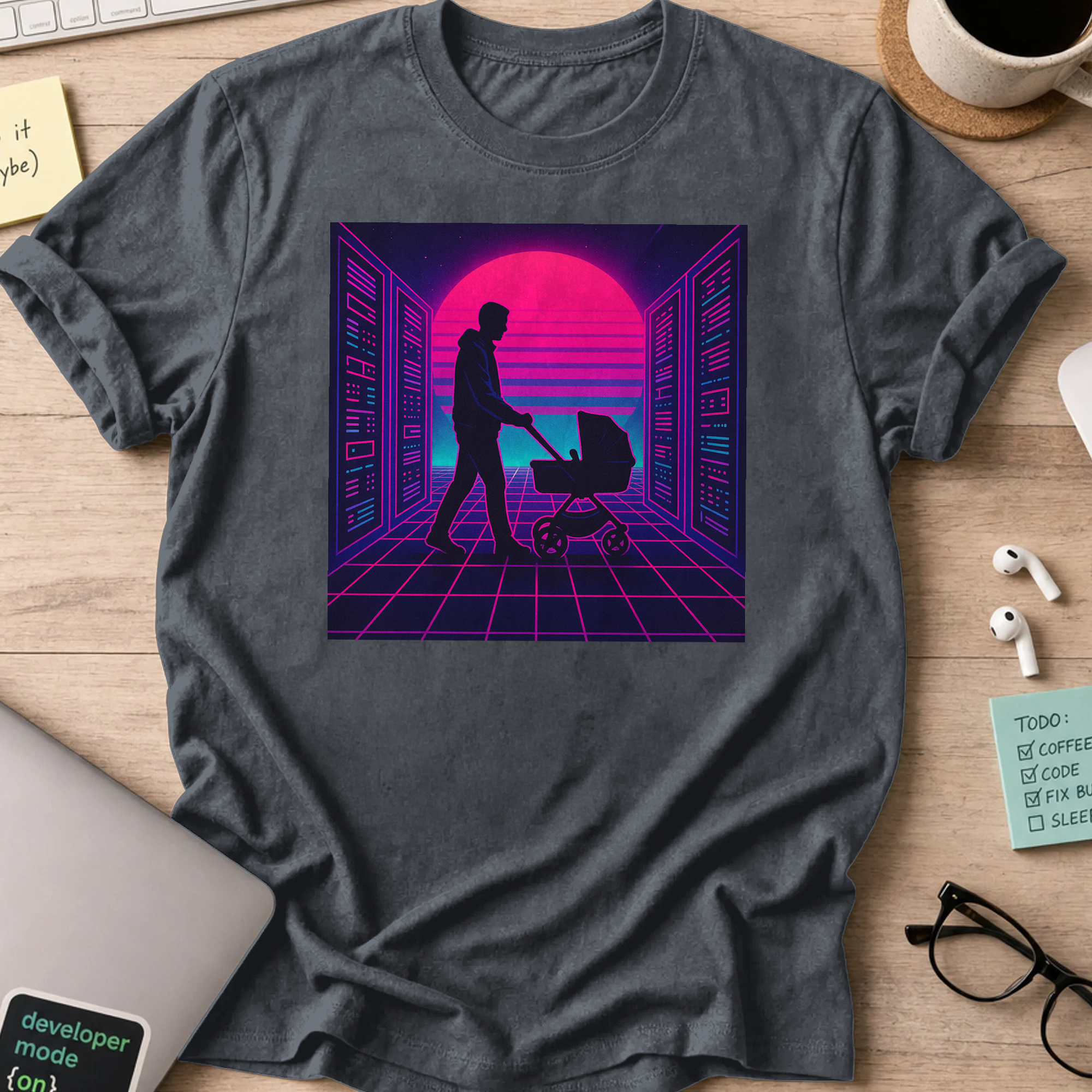 Dark Heather Grey programmer shirt printed with "father tech nerd", a funny developer t-shirt and gift for the programmer dad in your life.