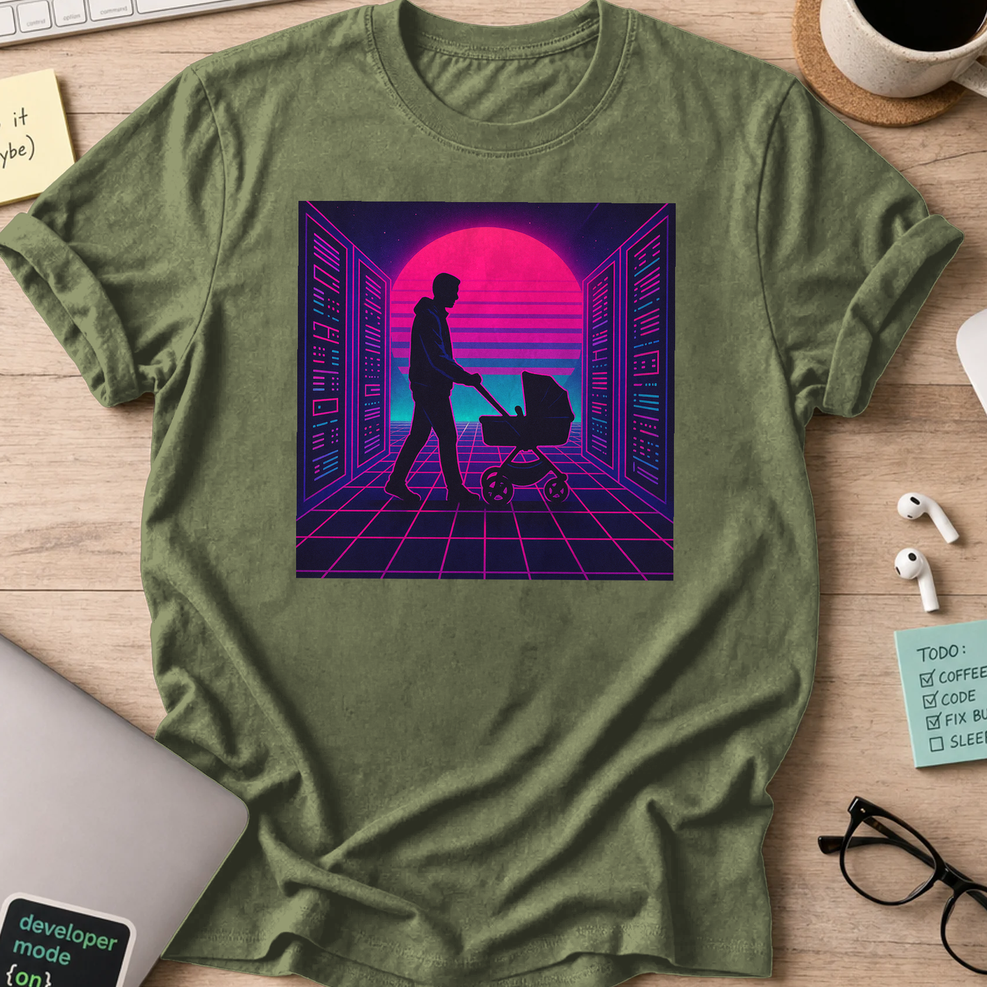 Military Green programmer shirt printed with "father tech nerd", a funny developer t-shirt and gift for the programmer dad in your life.