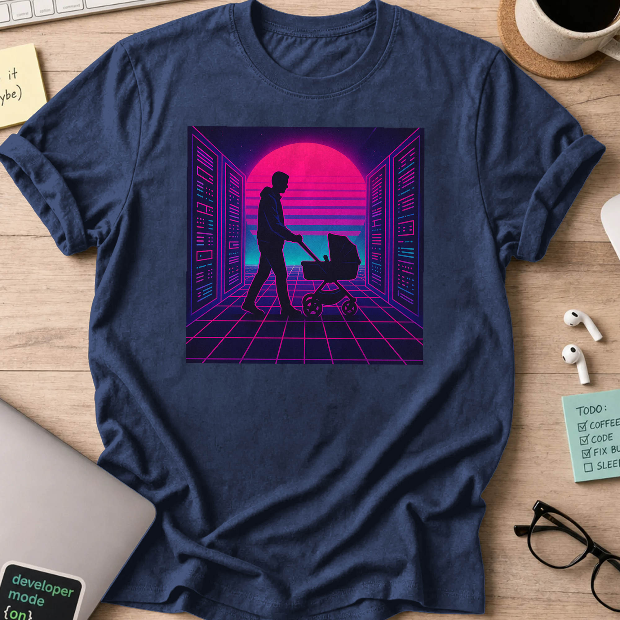 Navy programmer shirt printed with "father tech nerd", a funny developer t-shirt and gift for the programmer dad in your life.