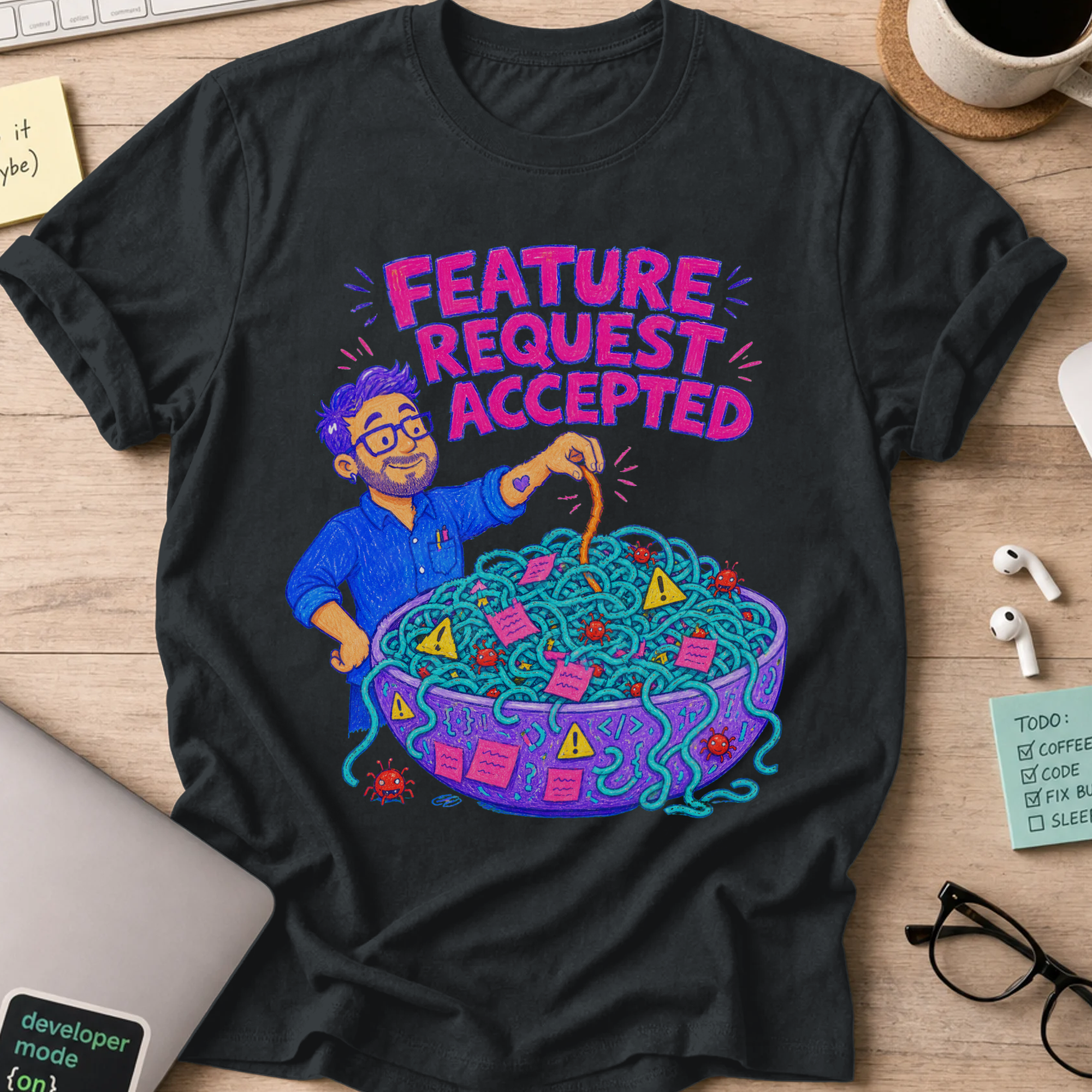 Feature Request Accepted Shirt — Black storefront mockup