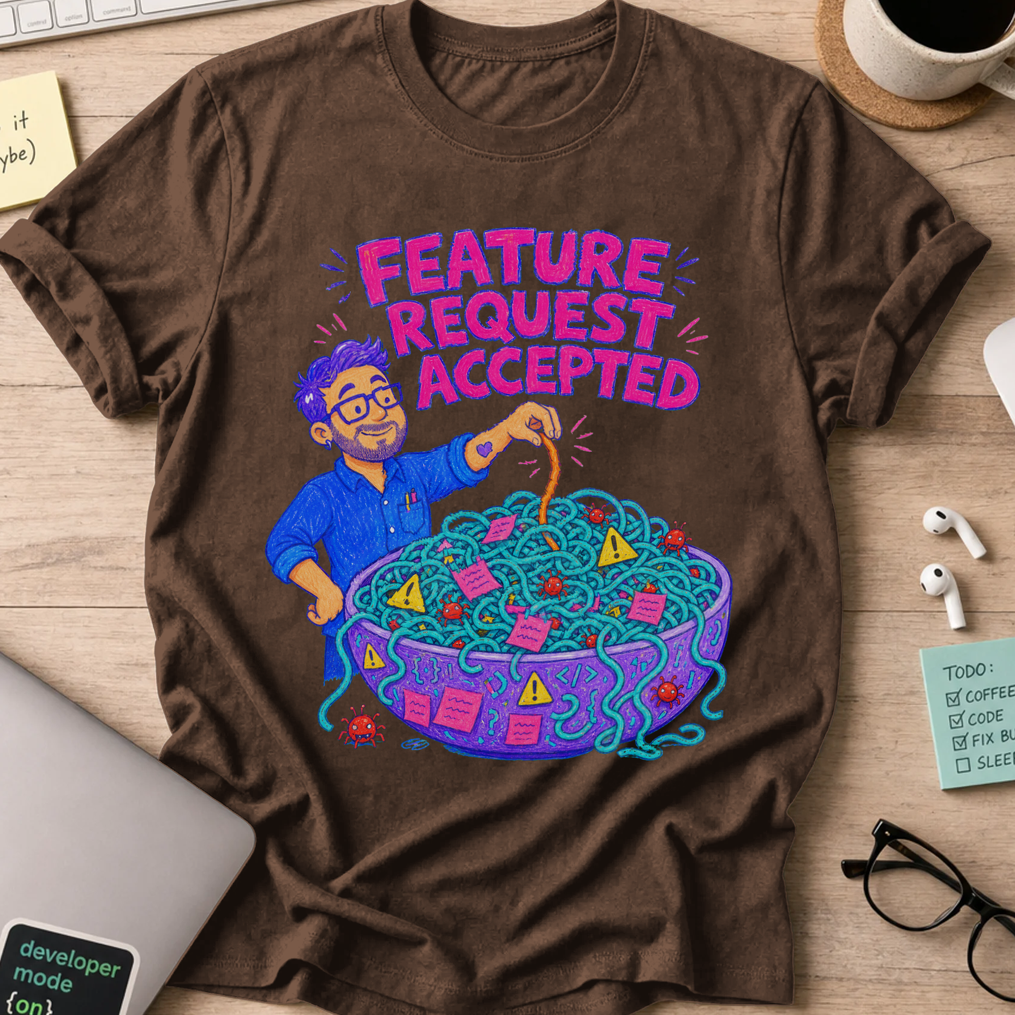 Feature Request Accepted Shirt — Dark Chocolate storefront mockup