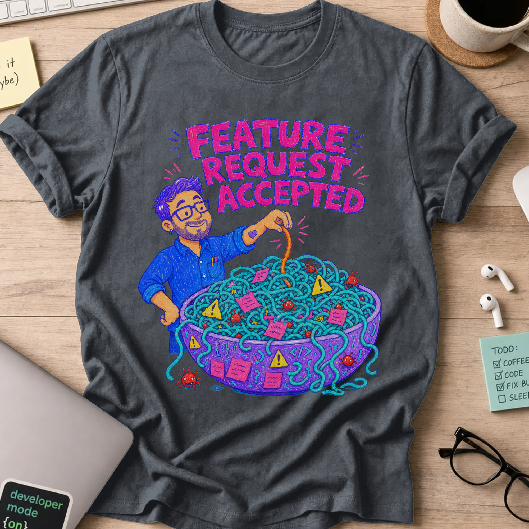 Feature Request Accepted Shirt — Dark Heather storefront mockup