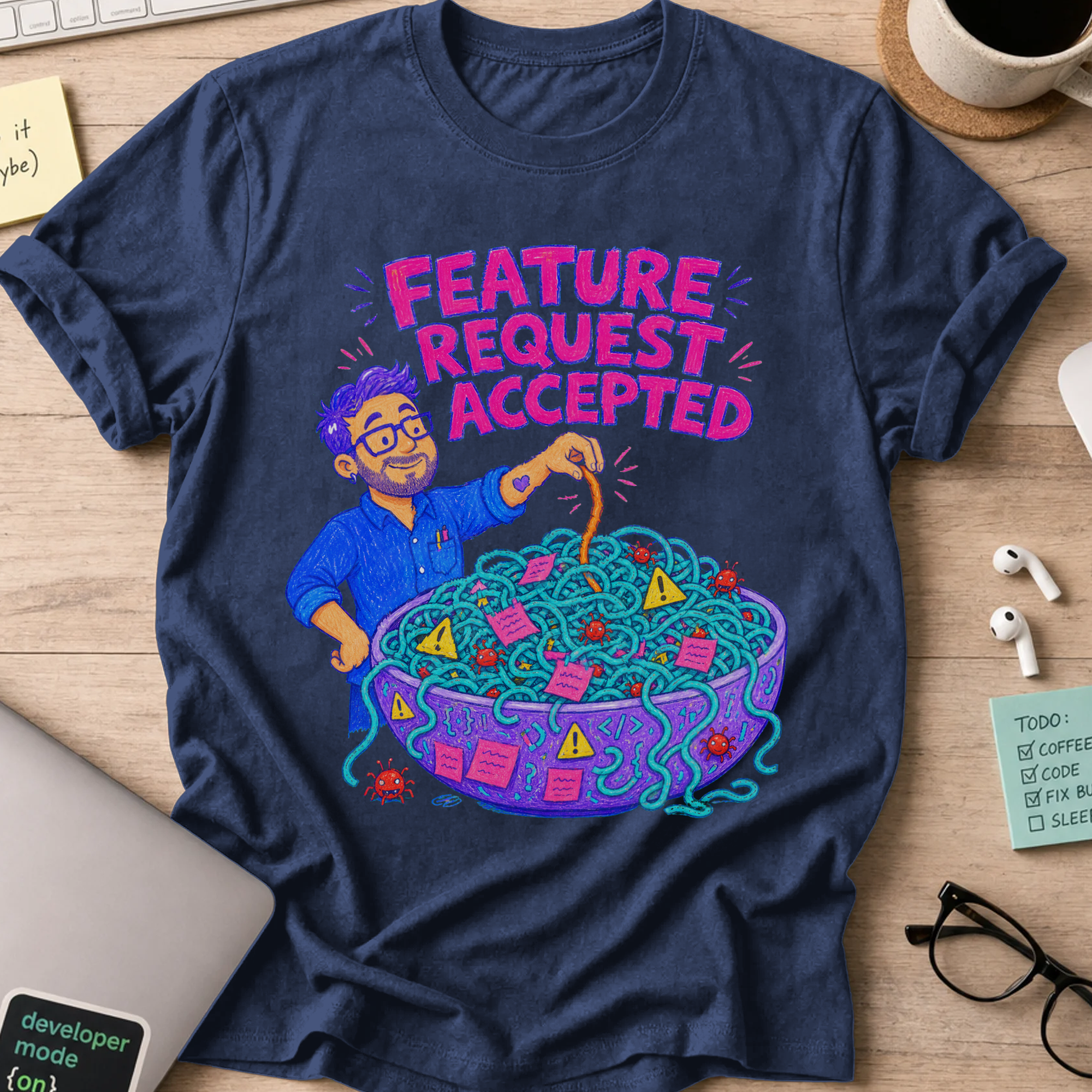 Feature Request Accepted Shirt — Navy storefront mockup