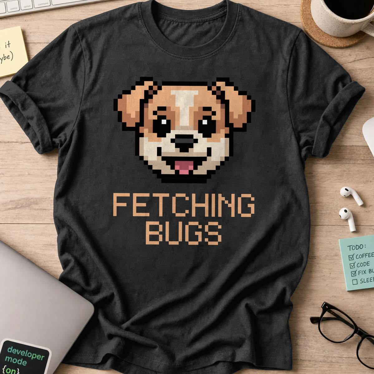 Black programmer shirt printed with "Fetching bugs dogs" and a dog graphic, a funny developer t-shirt and coding gift for software engineers.