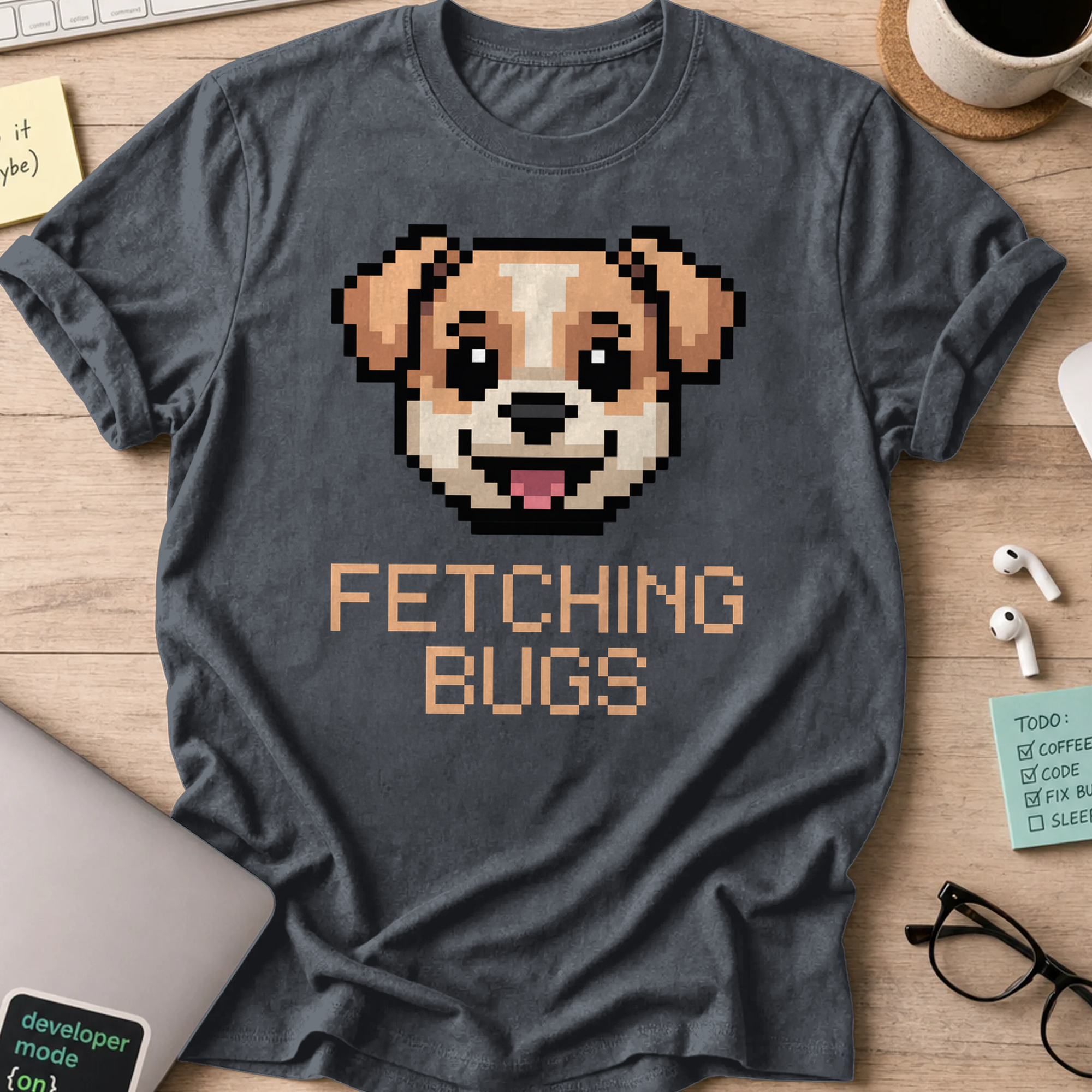 Dark Heather Grey programmer shirt printed with "Fetching bugs dogs" and a dog graphic, a funny developer t-shirt and gift for developers.