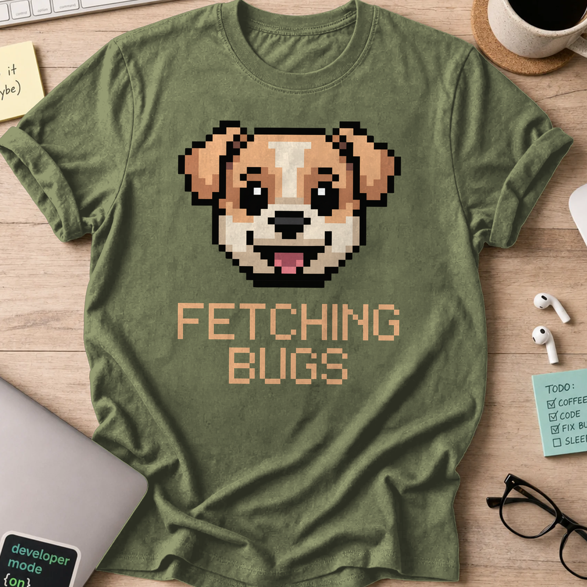 Military Green programmer shirt printed with "Fetching bugs dogs" and a dog graphic, a funny developer t-shirt and coding gift for software engineers.