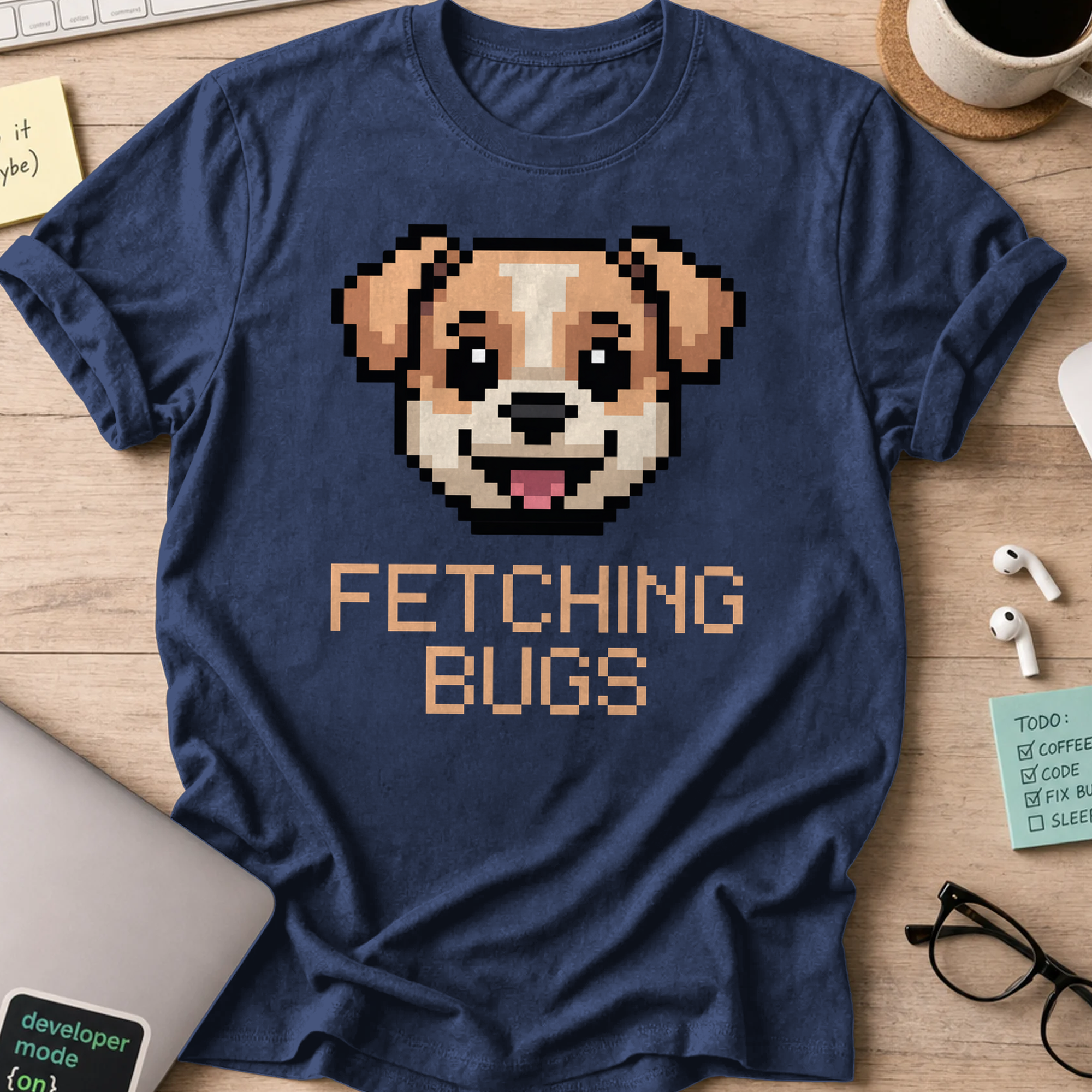 Navy programmer shirt printed with "Fetching bugs dogs" and a dog graphic, a funny developer t-shirt and coding gift for software engineers.
