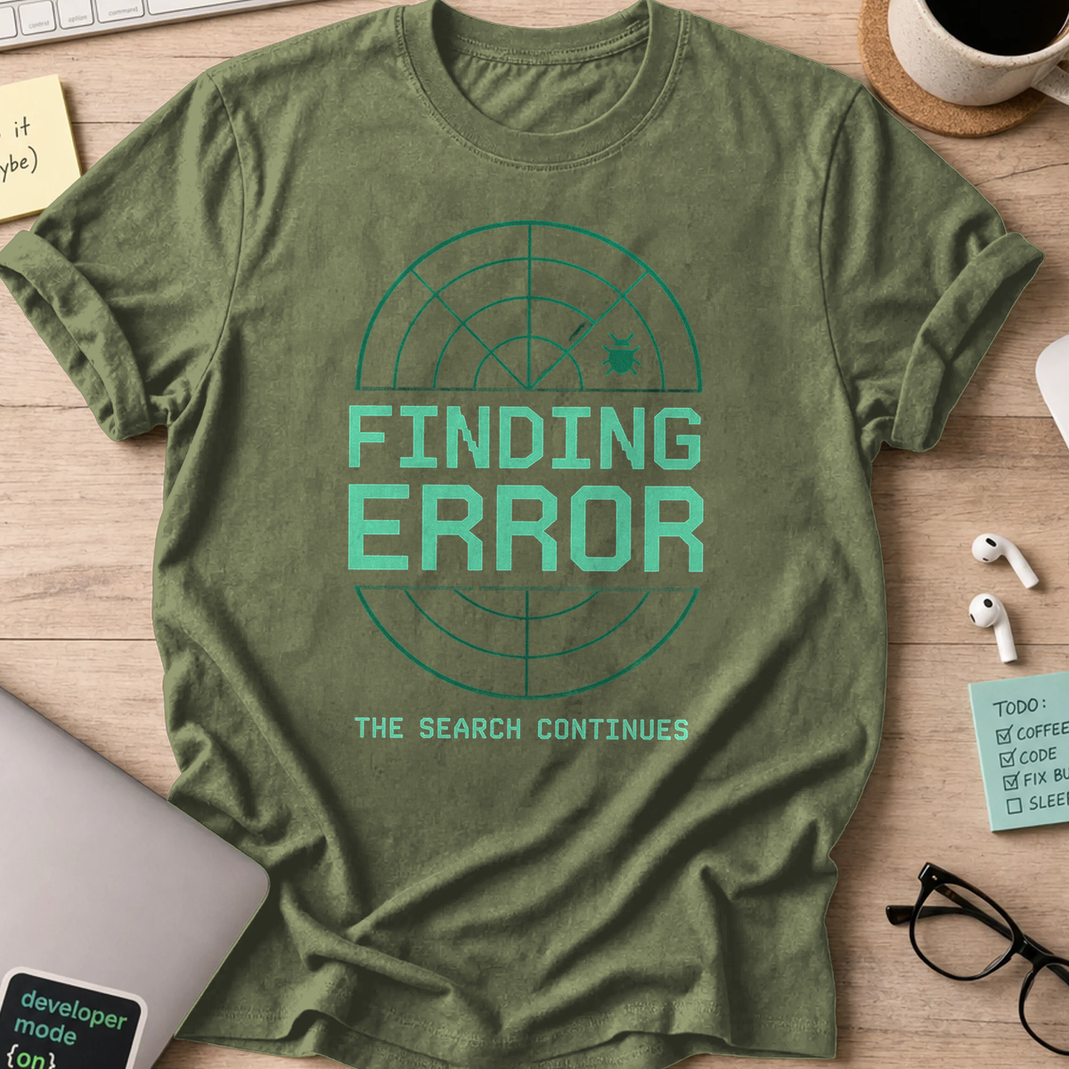 Military Green programmer shirt printed with "Finding Error Bug", a funny developer t-shirt and coding gift for software engineers and coders.