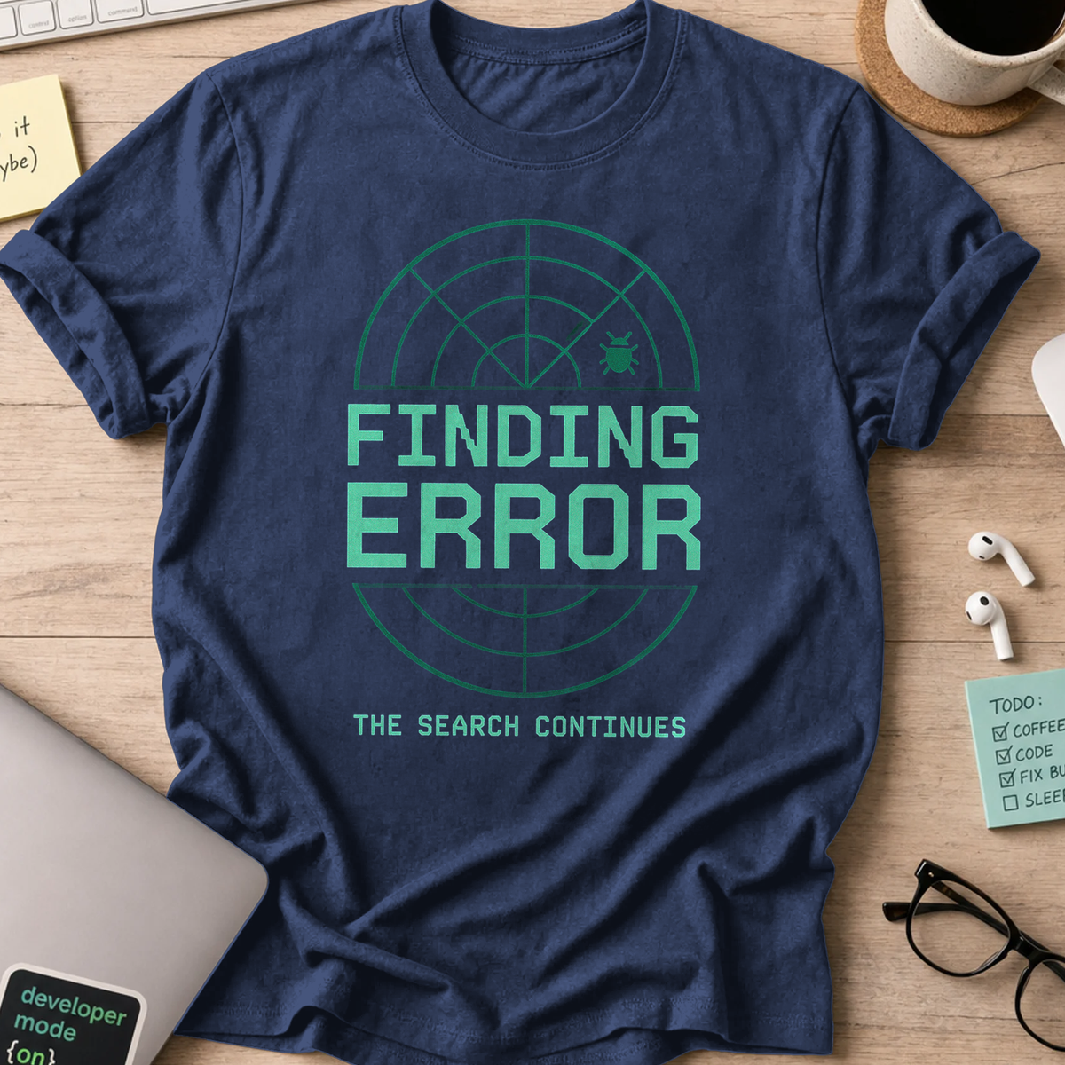 Navy programmer shirt printed with "Finding Error Bug", a funny developer t-shirt and coding gift for software engineers and coders.