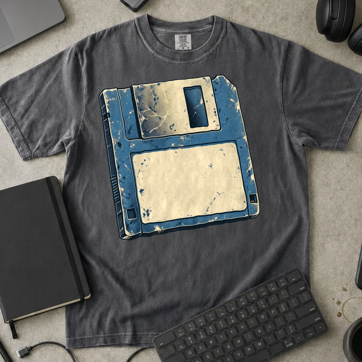 Floppy Disk Shirt — Pepper Comfort Colors 1717 flat lay