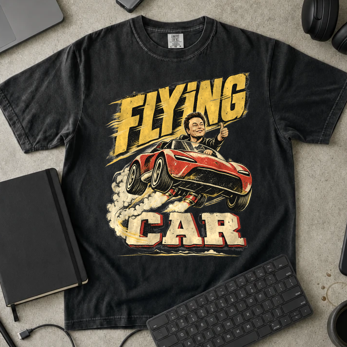 Flying Car Shirt — Black Comfort Colors 1717 flat lay