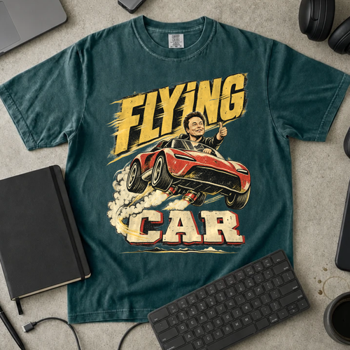 Flying Car Shirt — Blue Spruce Comfort Colors 1717 flat lay