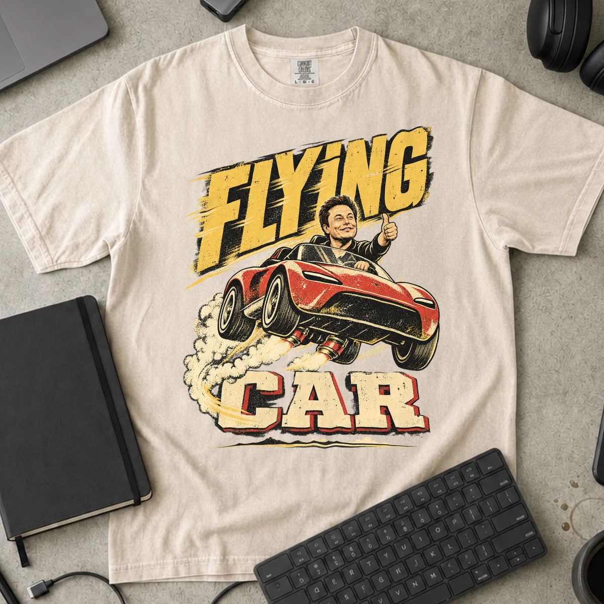 Flying Car Shirt — Ivory Comfort Colors 1717 flat lay