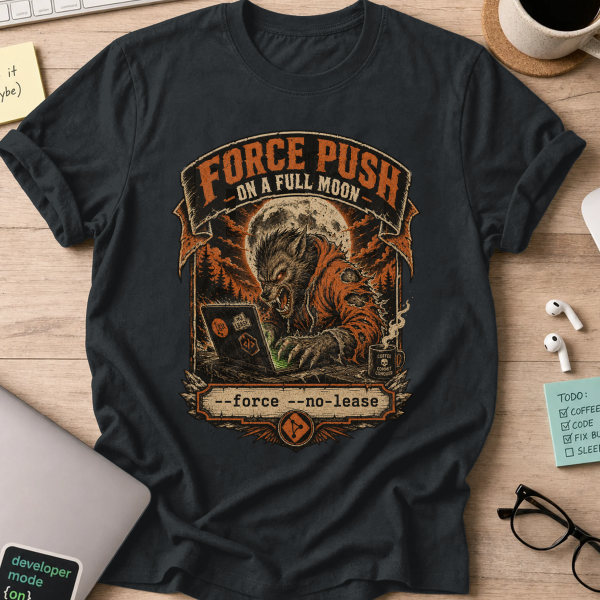 Force Push on a Full Moon Shirt — Black storefront mockup