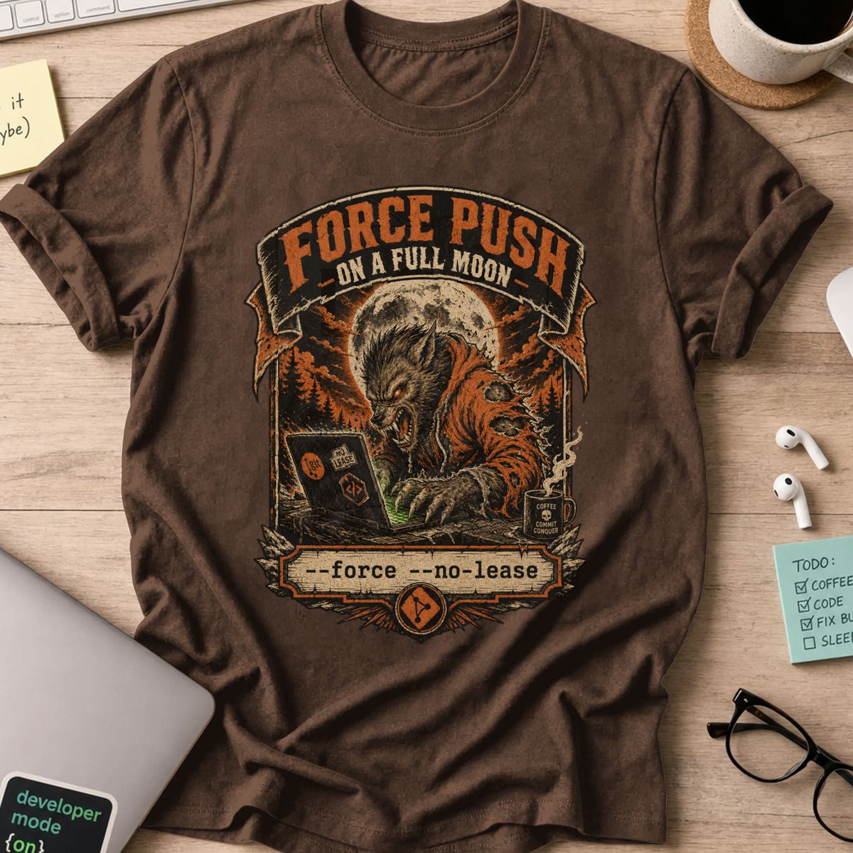 Force Push on a Full Moon Shirt — Dark Chocolate storefront mockup