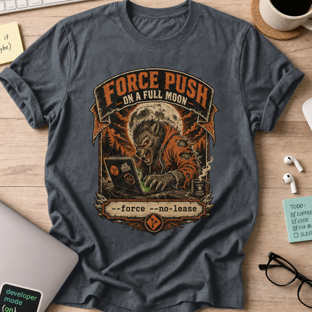 Force Push on a Full Moon Shirt — Dark Heather storefront mockup