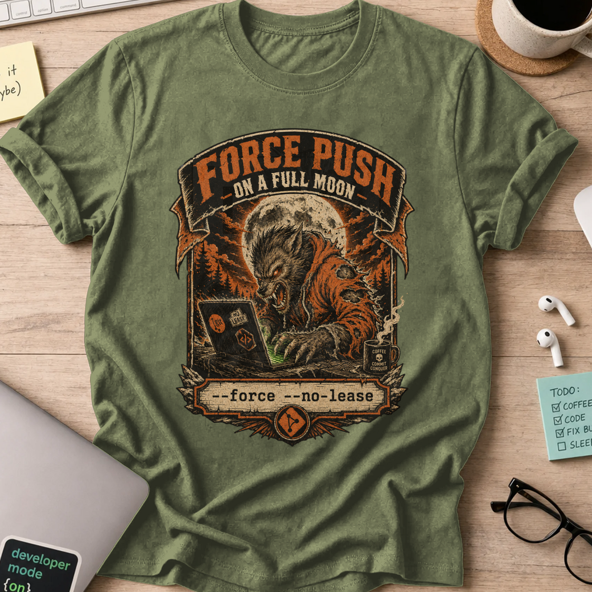 Force Push on a Full Moon Shirt — Military Green storefront mockup