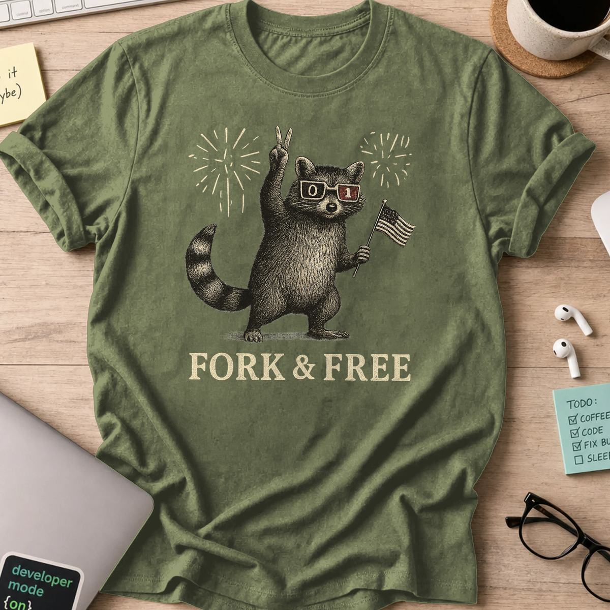 fork & free racoon shirt - Military Green