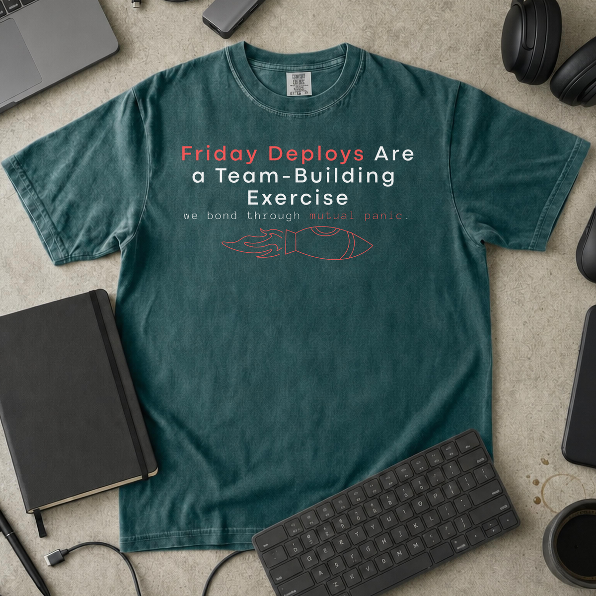 friday deploys = team building Premium Shirt — blue spruce Premium Shirt mock-up