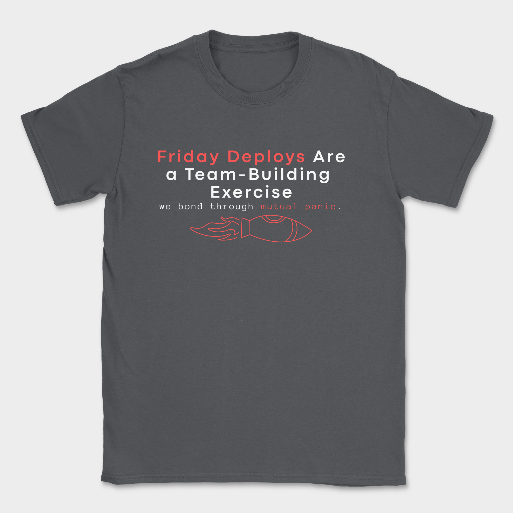 friday deploys = team building shirt — Dark Heather Grey