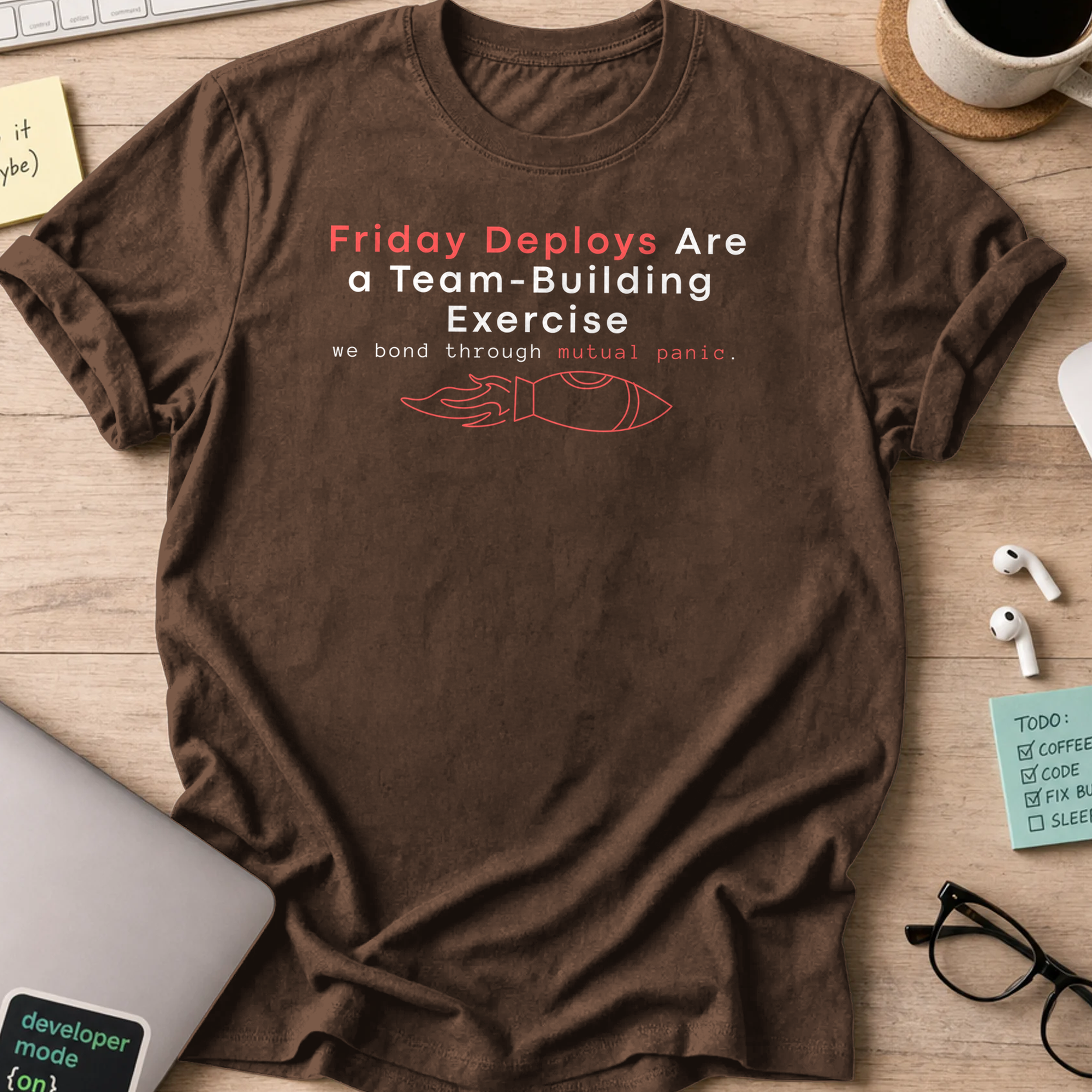 friday deploys = team building shirt - Dark Chocolate