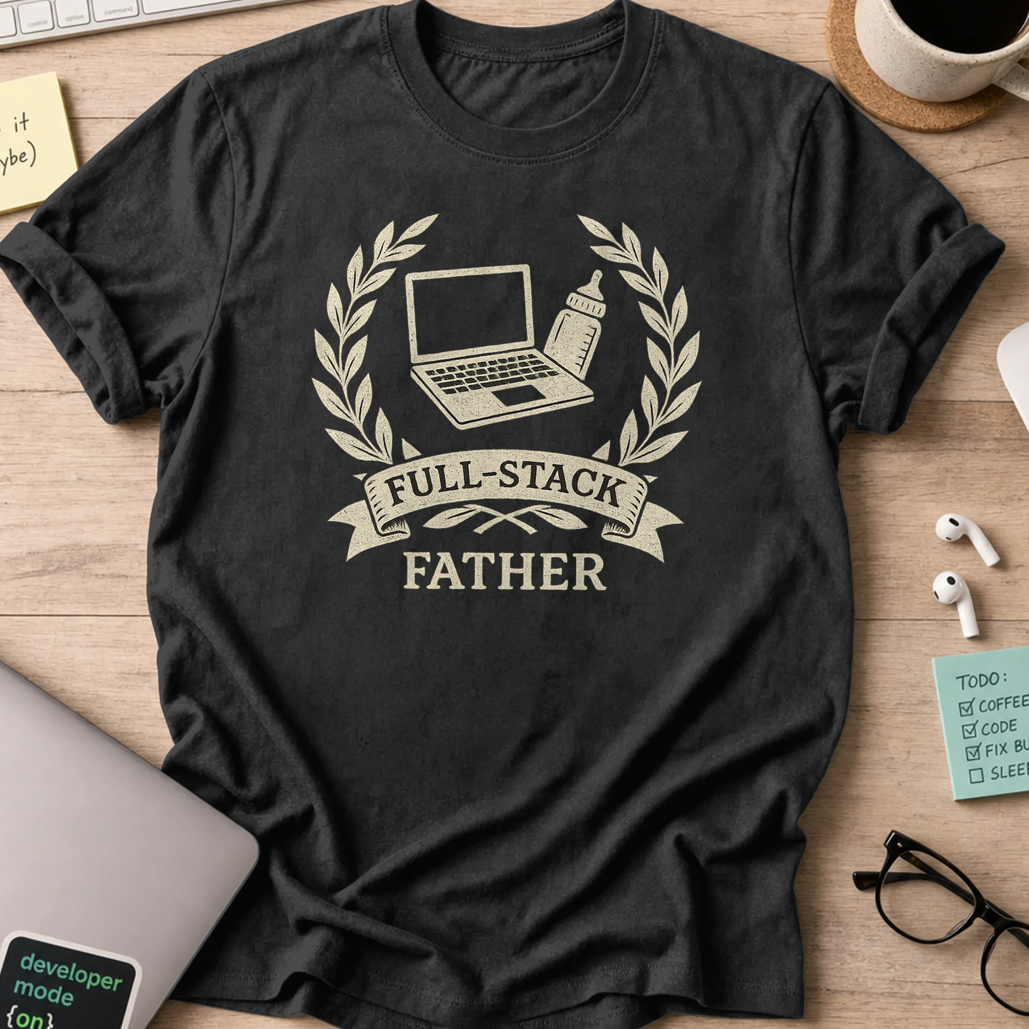 Black developer shirt printed with "full-stacked father", a funny coding t-shirt and gift for the programmer dad in your life.