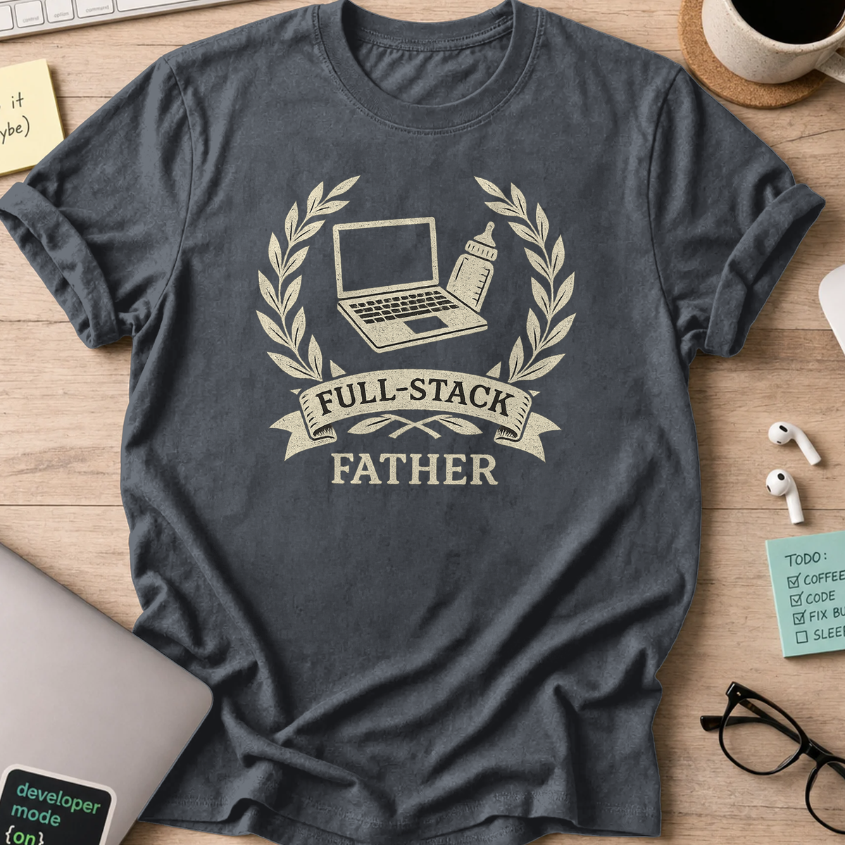 Dark Heather Grey developer shirt printed with "full-stacked father", a funny coding t-shirt and gift for the programmer dad in your life.