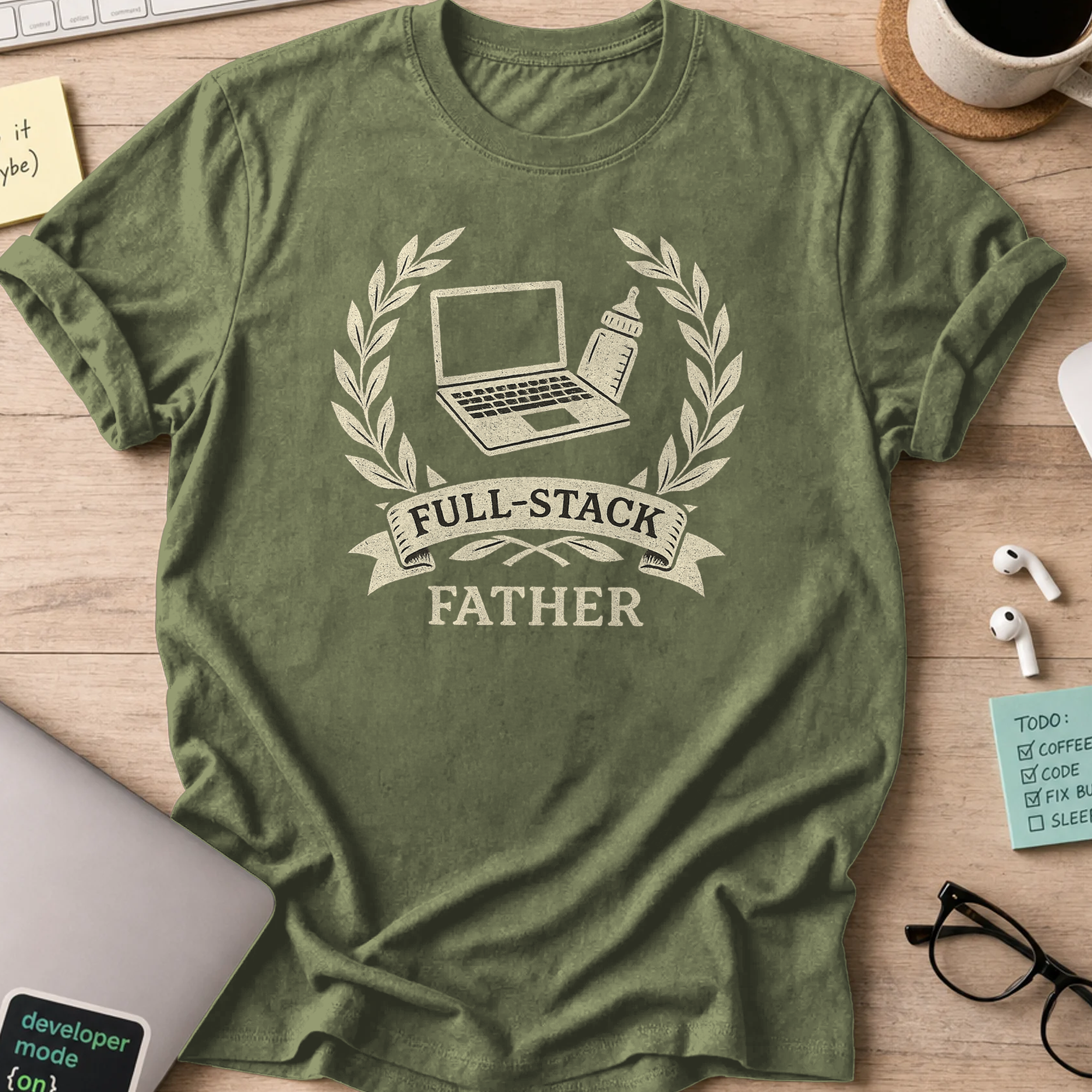 Military Green developer shirt printed with "full-stacked father", a funny coding t-shirt and gift for the programmer dad in your life.