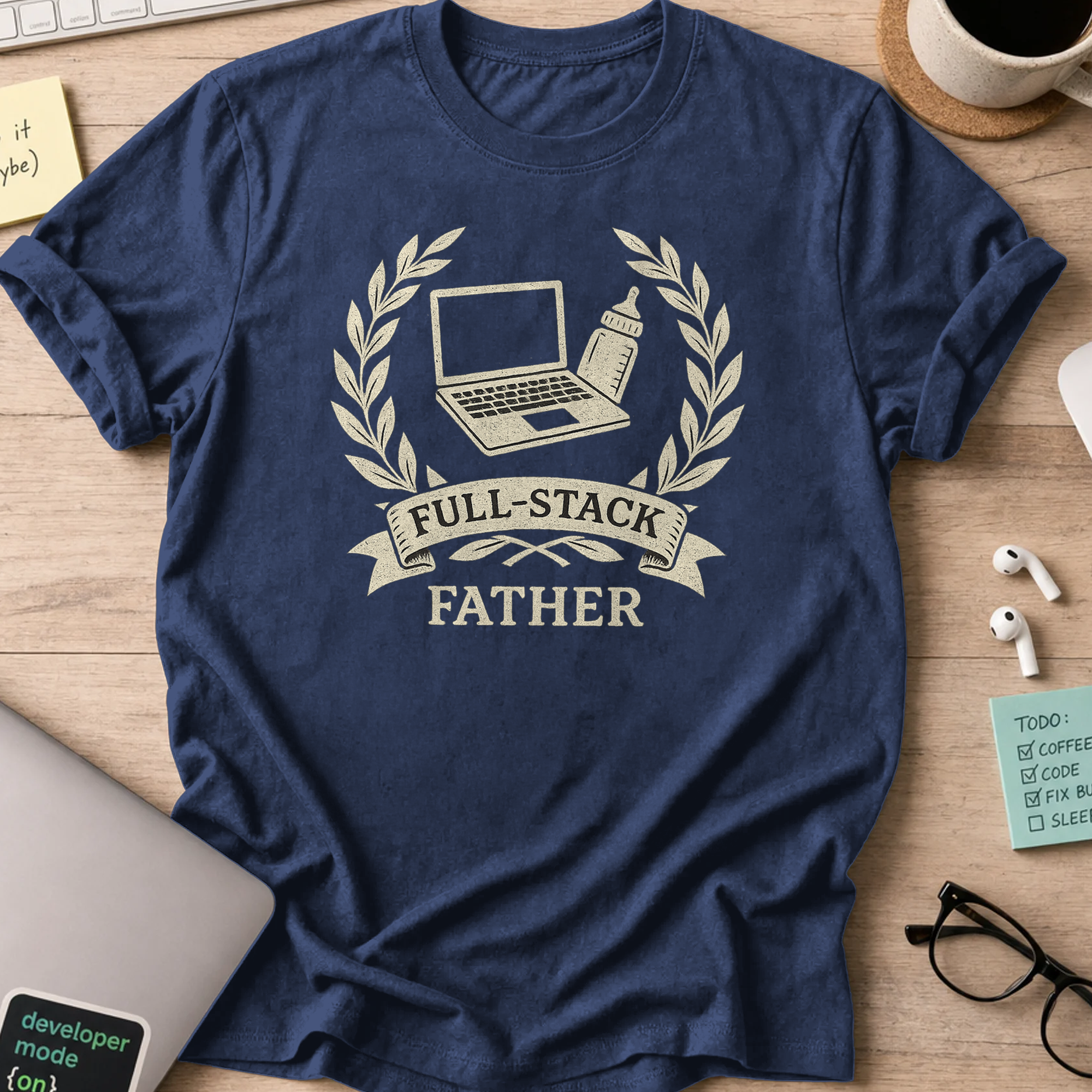 Navy developer shirt printed with "full-stacked father", a funny coding t-shirt and gift for the programmer dad in your life.