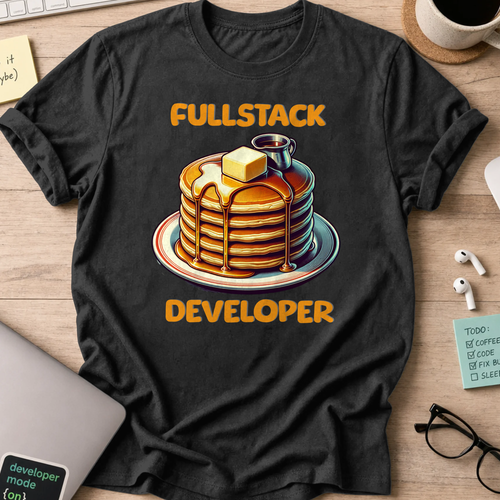 Black developer shirt printed with "Fullstack Engineer - Pancake", a funny coding t-shirt and coding gift for fullstack developers.