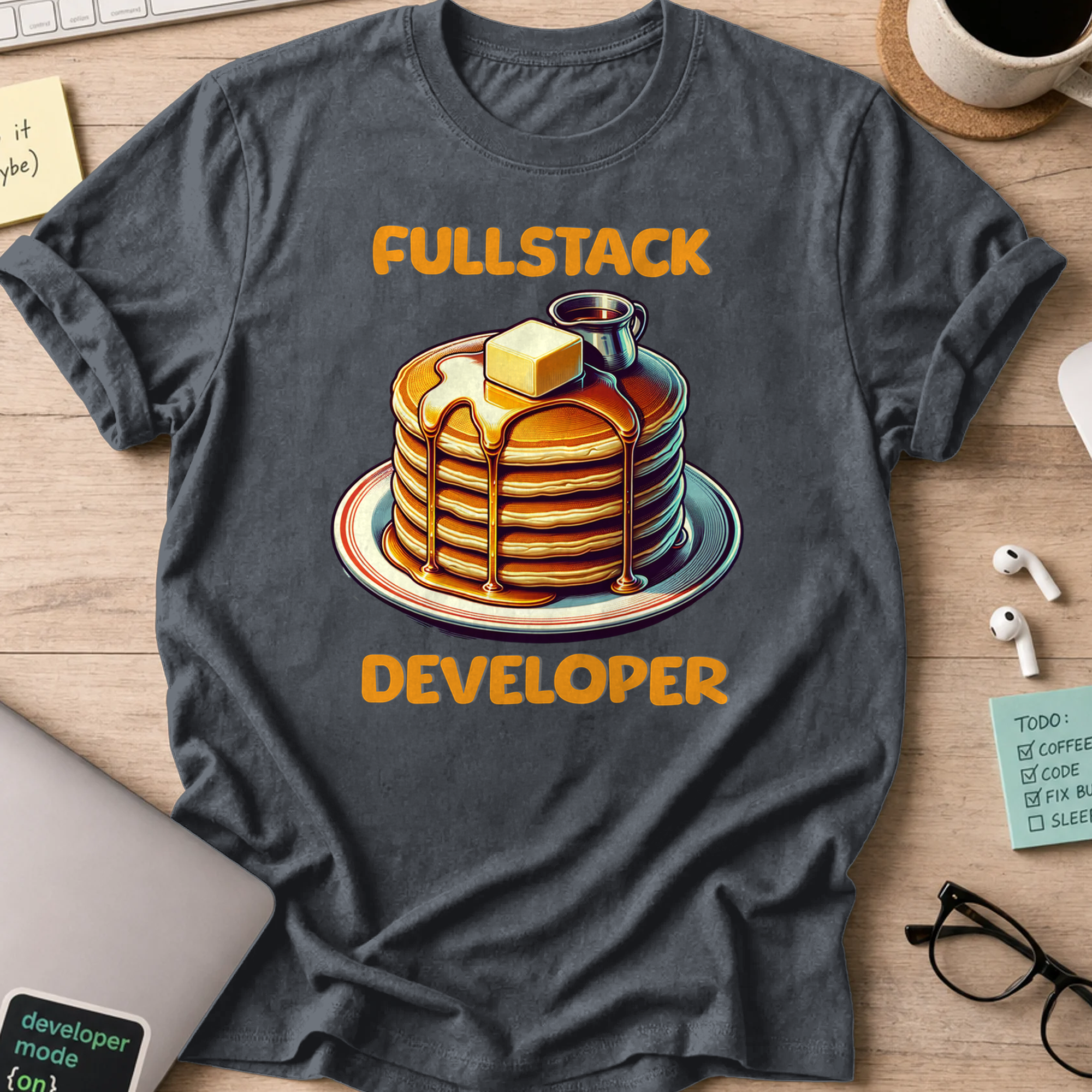 Dark Heather Grey developer shirt printed with "Fullstack Engineer - Pancake", a funny coding t-shirt and coding gift for fullstack developers.