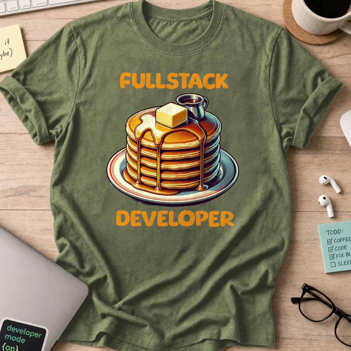 Military Green developer shirt printed with "Fullstack Engineer - Pancake", a funny coding t-shirt and coding gift for fullstack developers.