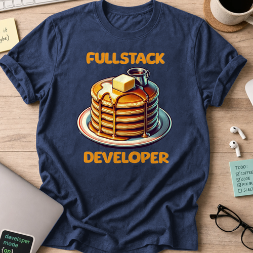 Navy developer shirt printed with "Fullstack Engineer - Pancake", a funny coding t-shirt and coding gift for fullstack developers.