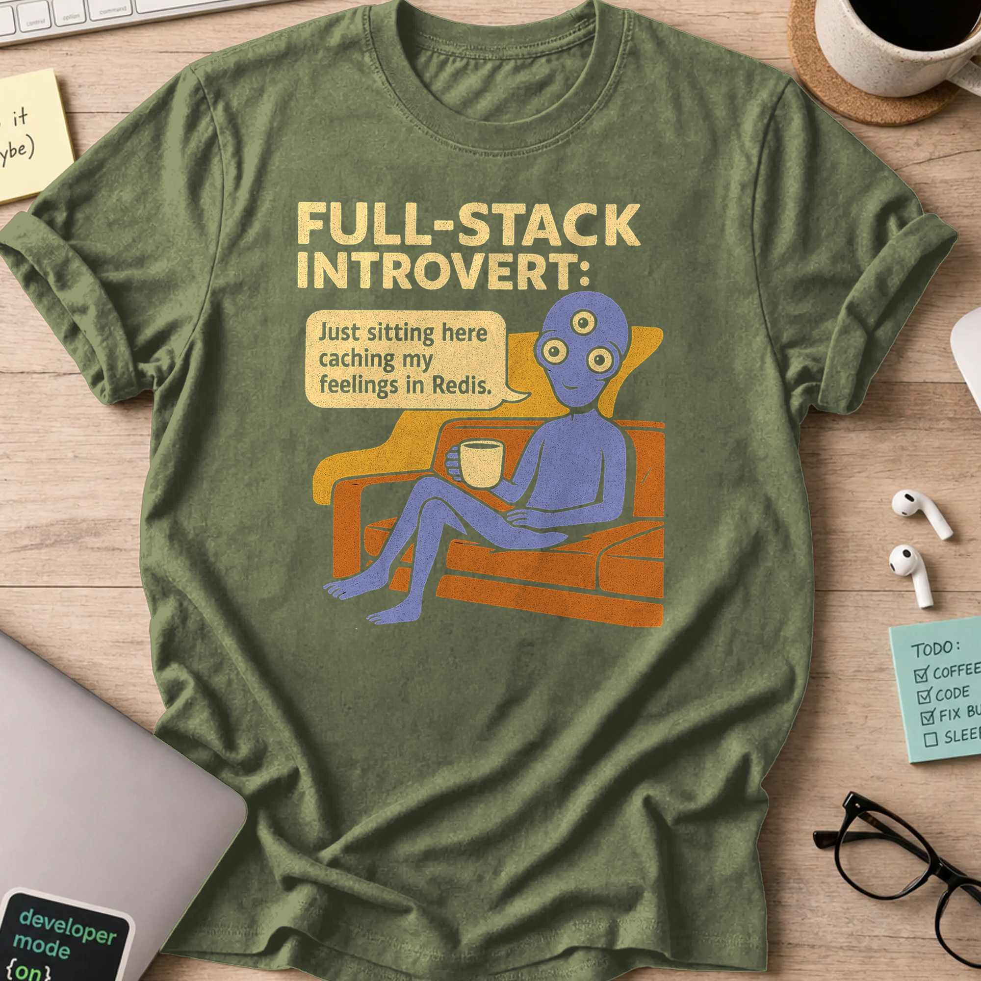 full stack introvert alien shirt - Military Green