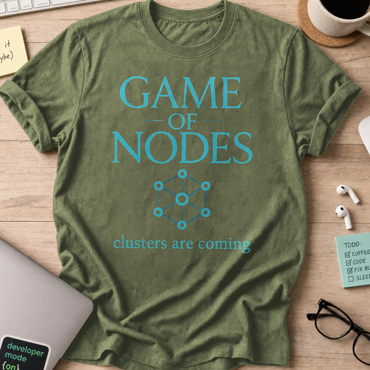 Military Green devops shirt printed with "game of nodes", a funny programmer t-shirt and coding gift for software engineers and DevOps teams.