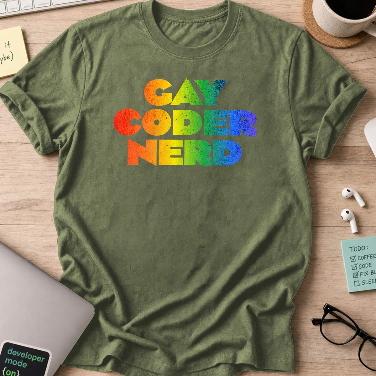 gay coder nerd rainbow shirt - Military Green
