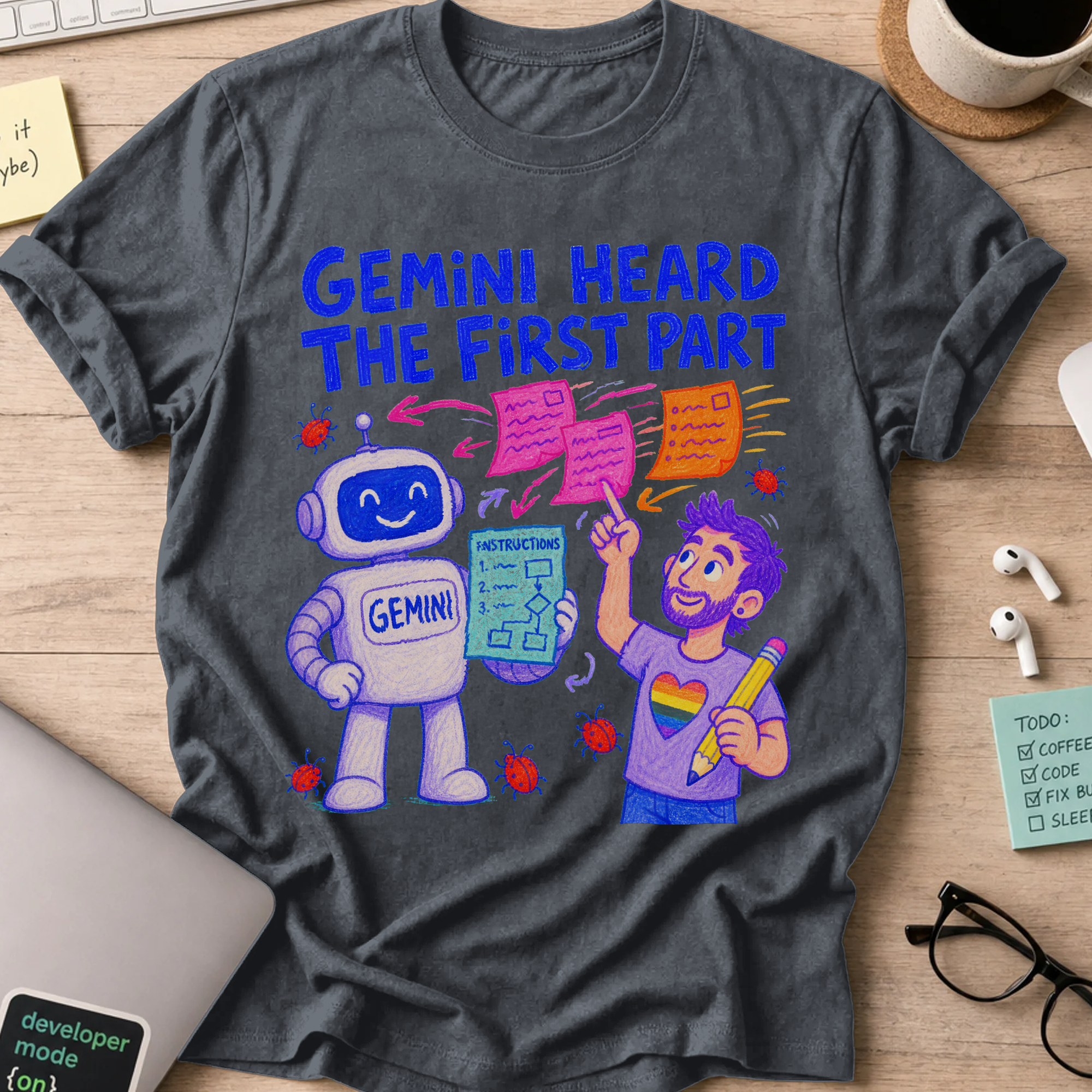 Gemini Heard the First Part Shirt — Dark Heather storefront mockup