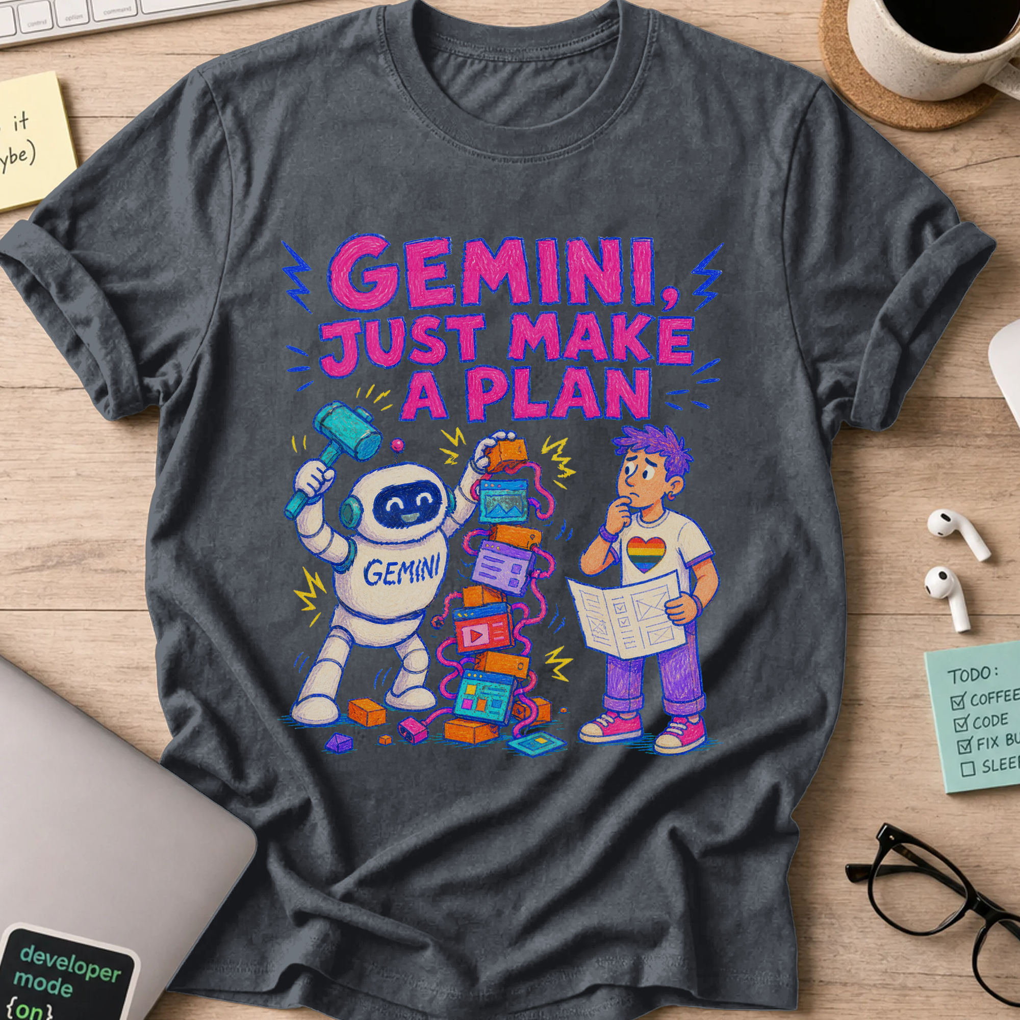 Gemini, Just Make a Plan Shirt — Dark Heather storefront mockup