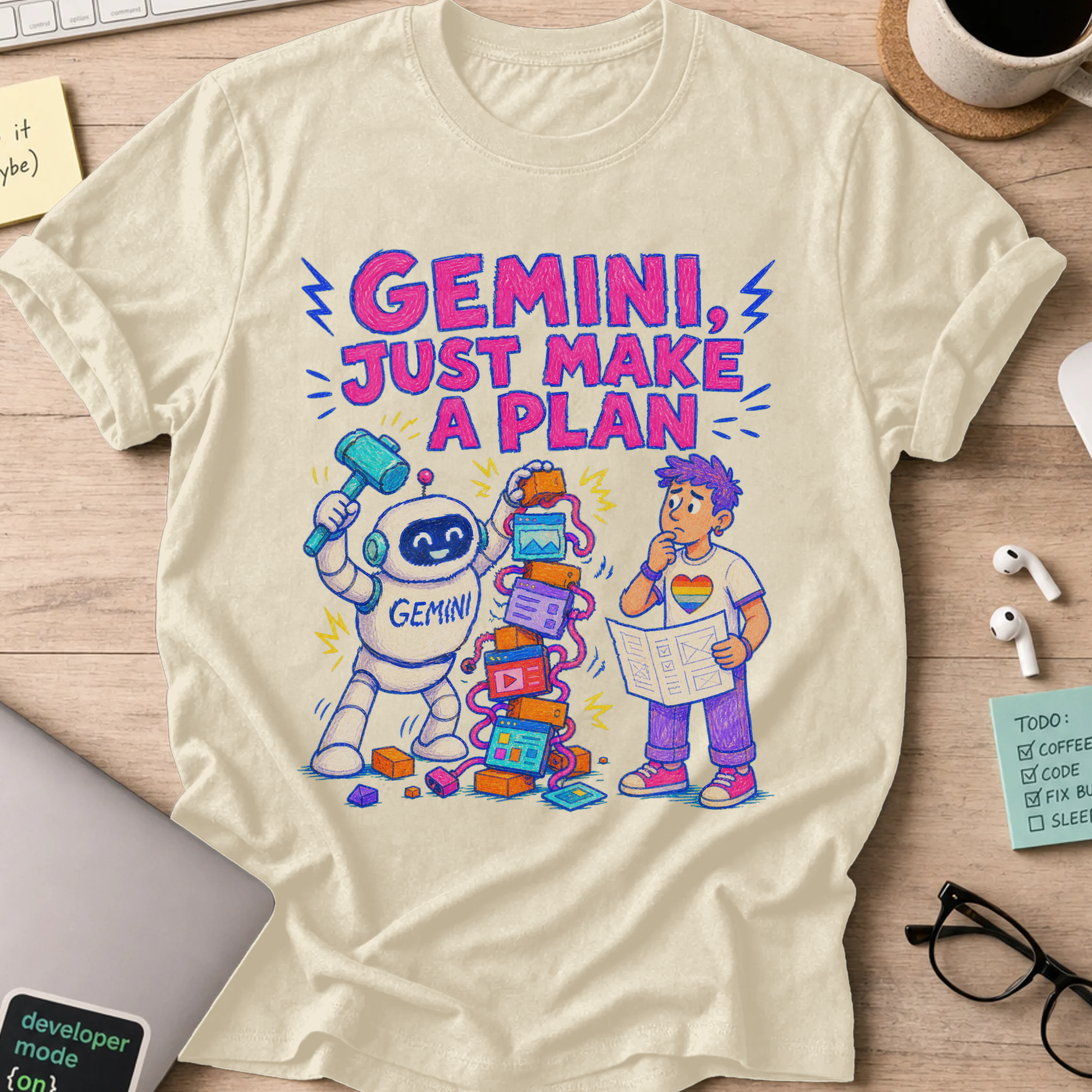 Gemini, Just Make a Plan Shirt — Natural storefront mockup