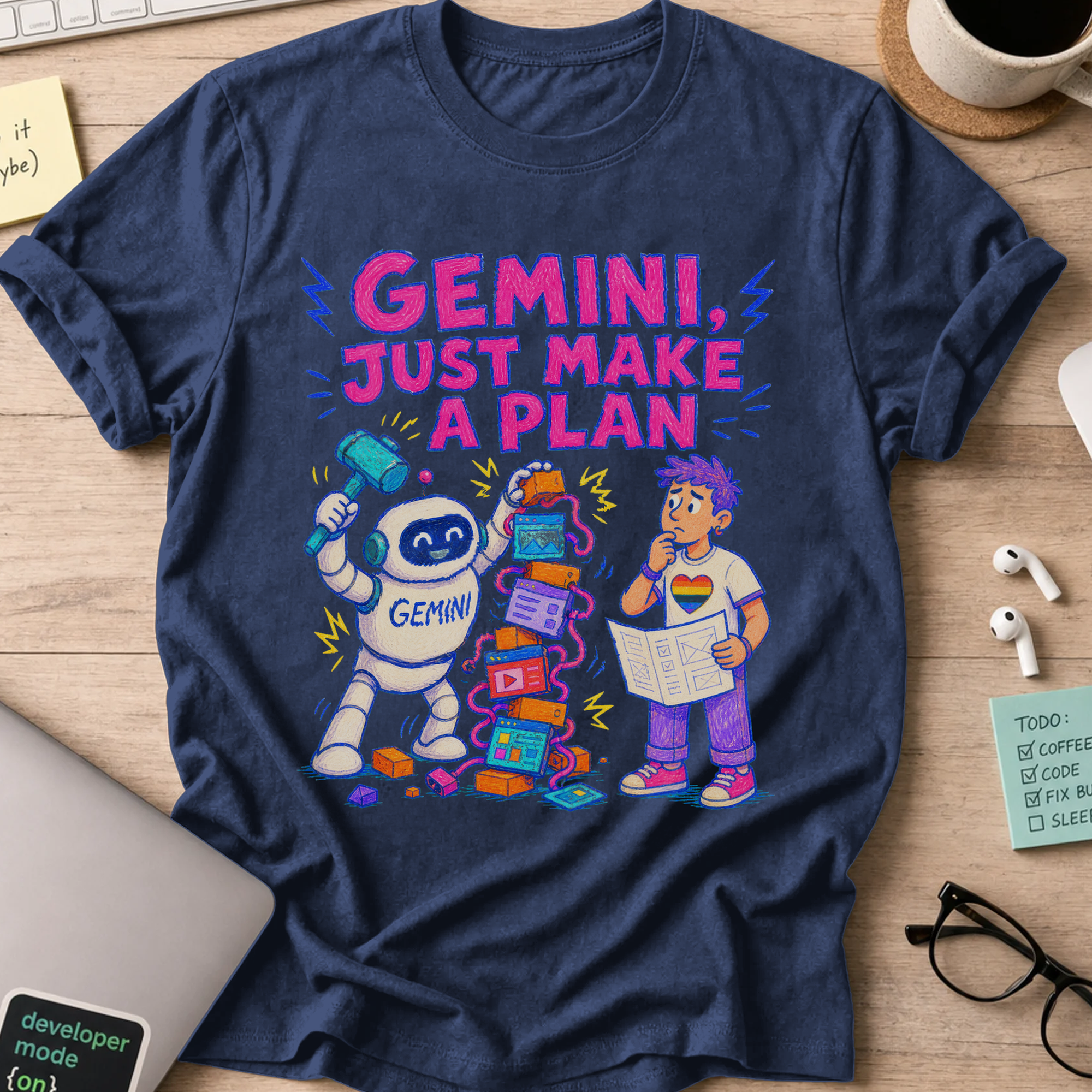 Gemini, Just Make a Plan Shirt — Navy storefront mockup