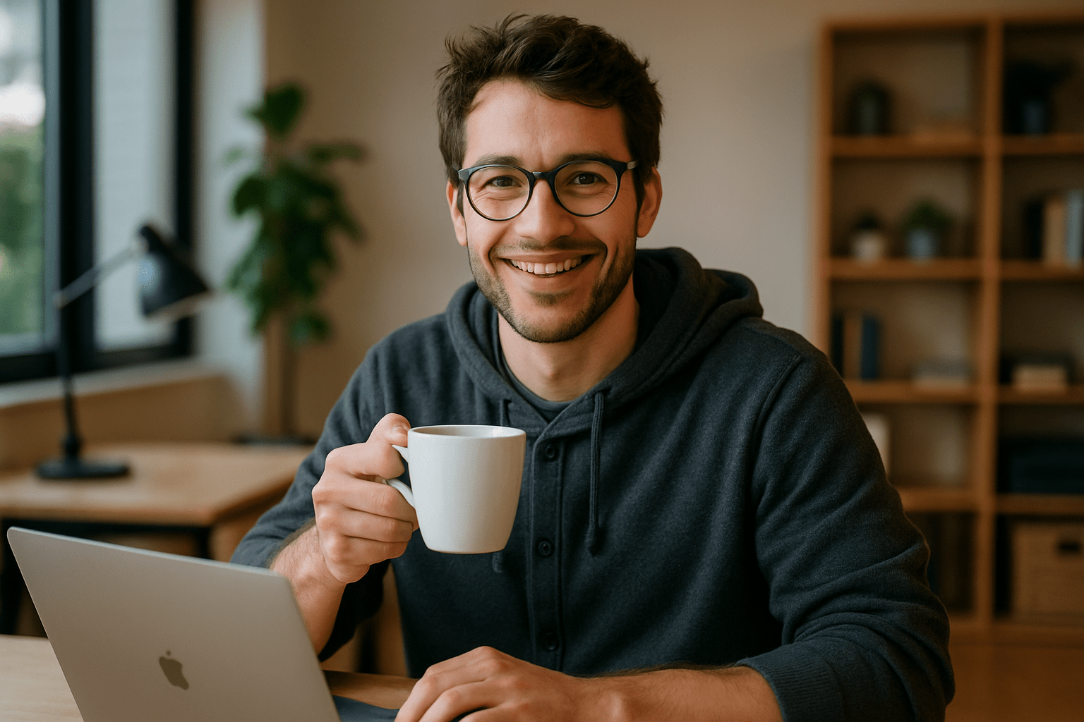 Generate a happy nerdy man in his 30s