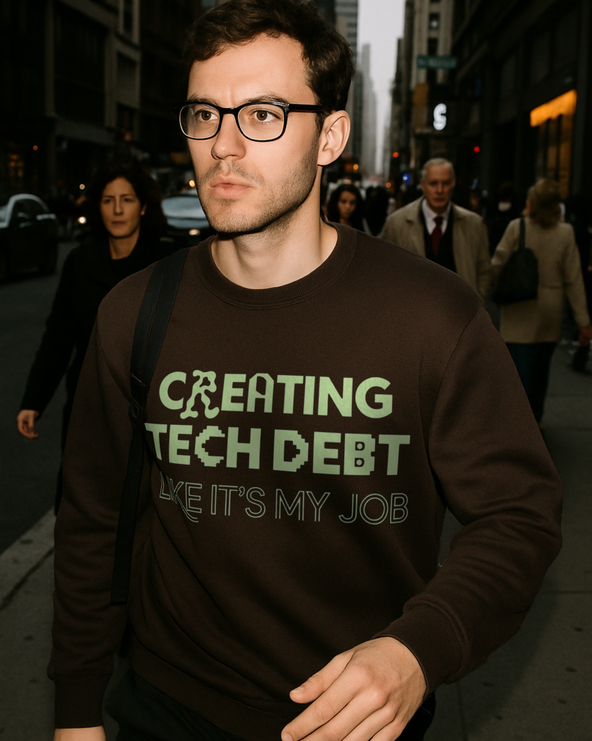 creating tech debt like it's my job sweatshirt