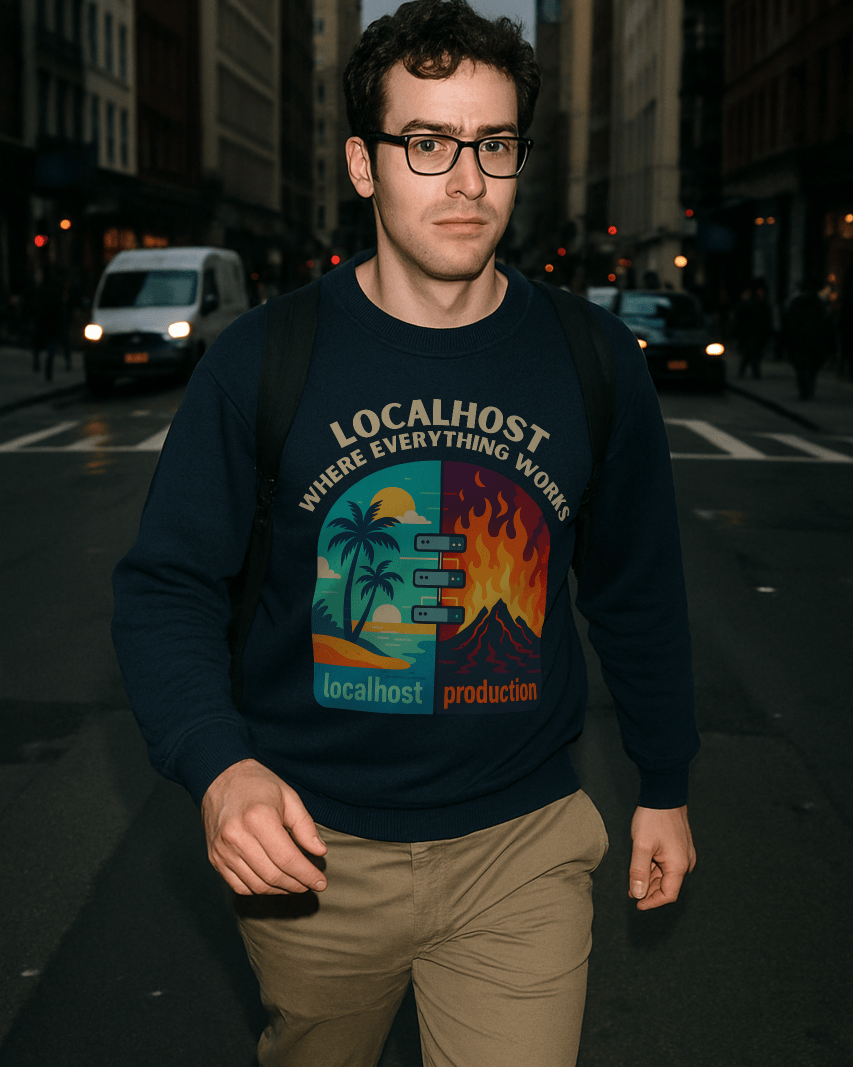 Code Culture localhost vs production sweatshirt funny programmer Sweatshirt in S — Code Culture developer clothing