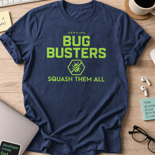 Navy programmer shirt printed with "genuine bug buster", a funny developer t-shirt and coding gift for software engineers and coders.