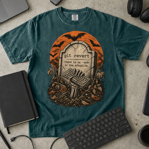 Git Revert No Undo in the Afterlife Shirt — Blue Spruce Comfort Colors 1717 flat lay